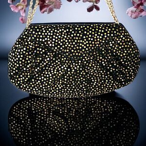 Lauren Merkin Suede Bag Black Gold Metallic‎ Dots Chain Strap Evening Baguette.